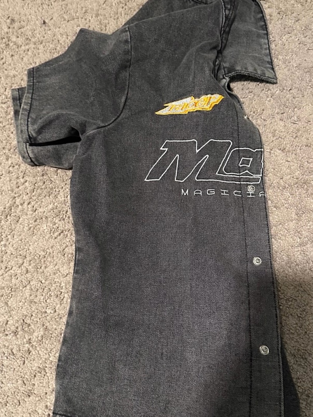PrettyLittleThing Black Washed Denim Jacket with Yellow Patch